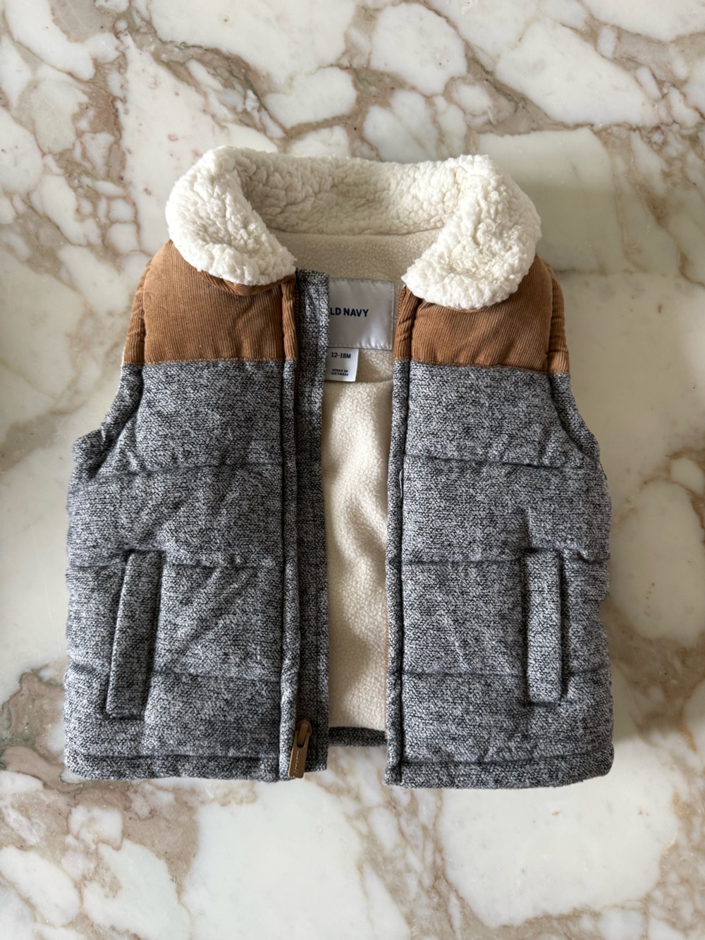 Old Navy Kids Quilted Puffer Vest in Gray, Brown and Cream 12-18M